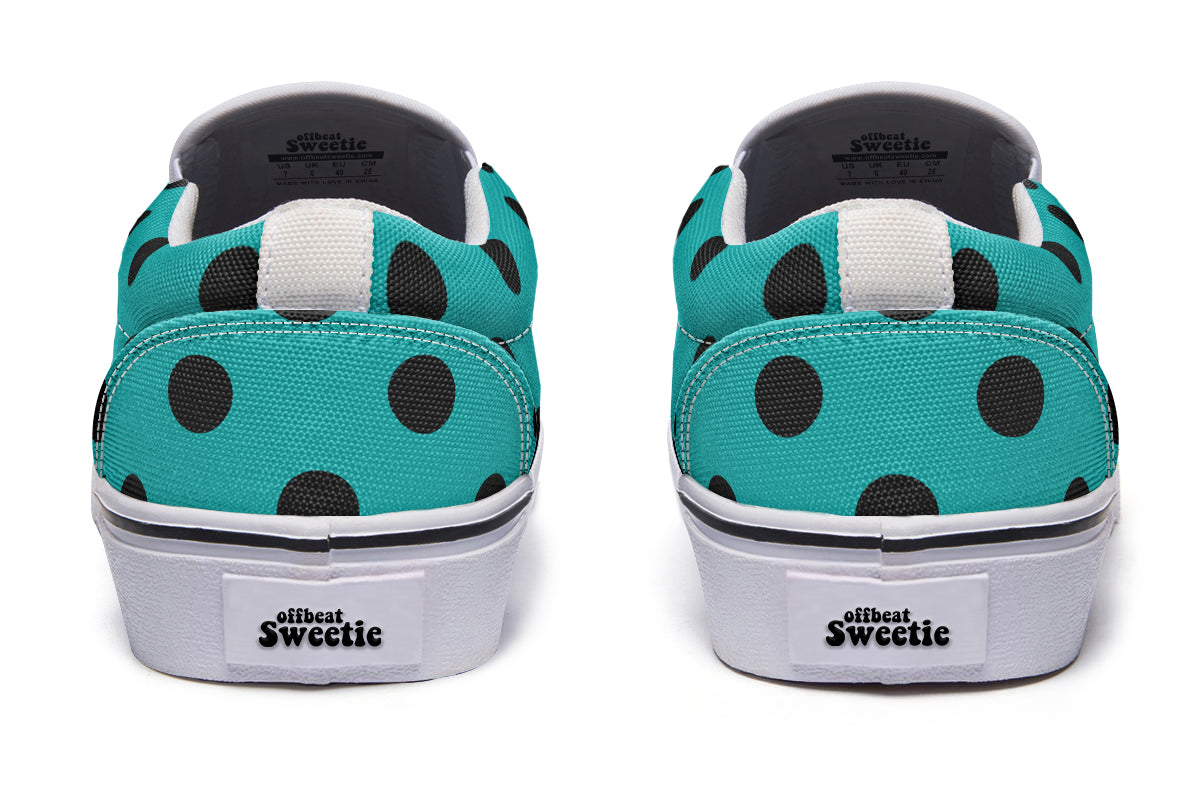Penny Royal Teal Polka Dot Slip Ons