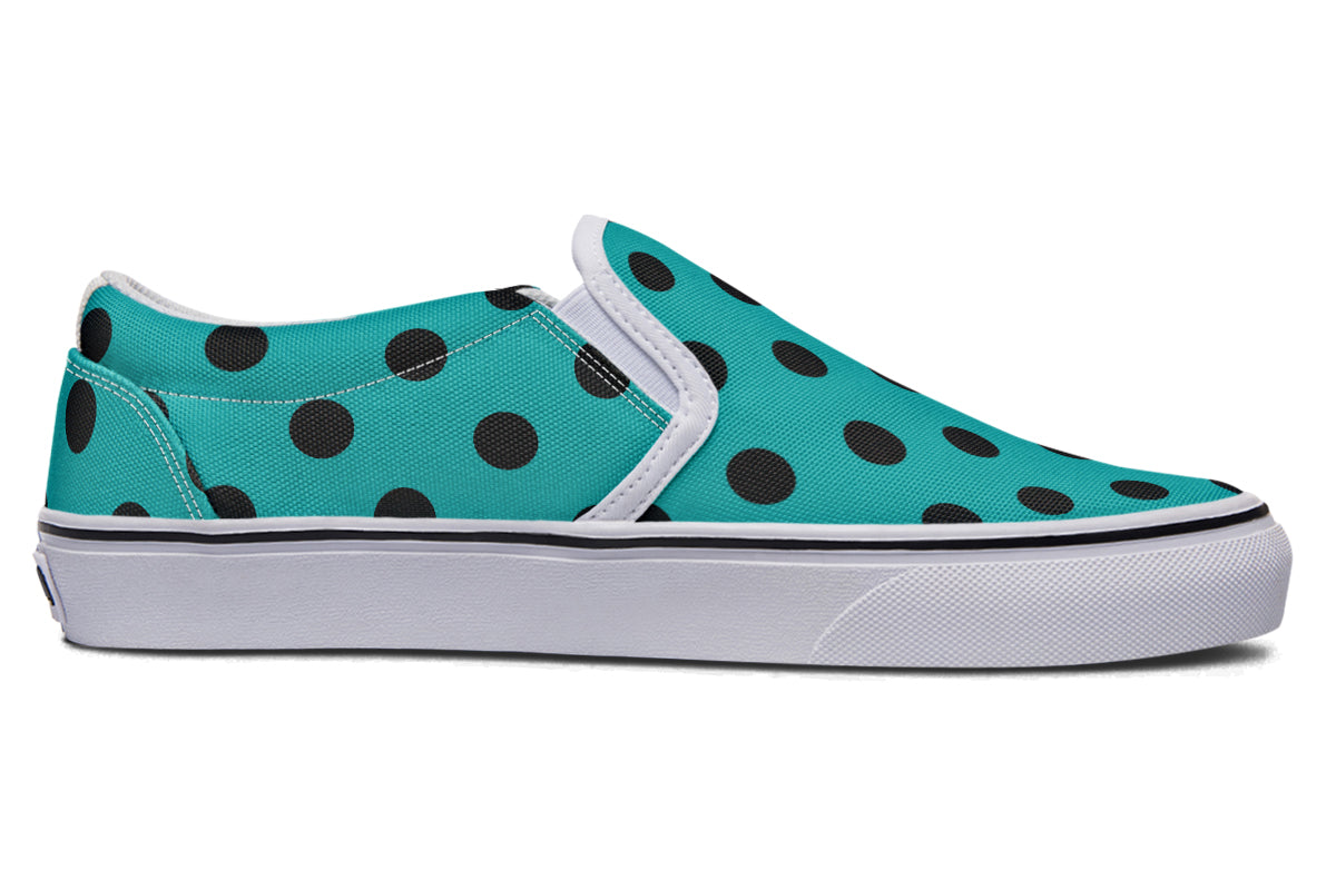 Penny Royal Teal Polka Dot Slip Ons