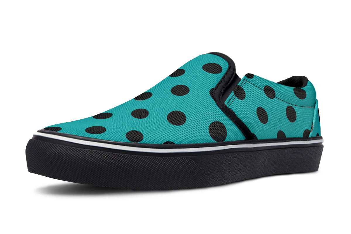 Penny Royal Teal Polka Dot Slip Ons