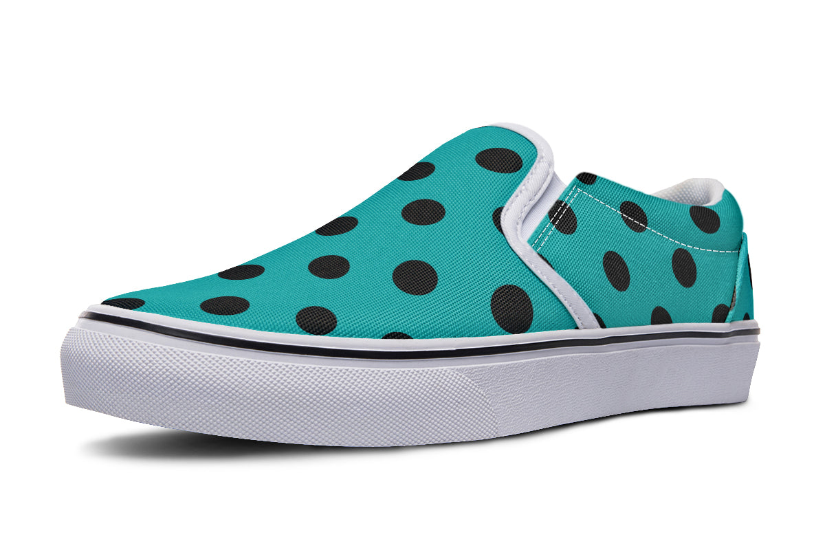 Penny Royal Teal Polka Dot Slip Ons