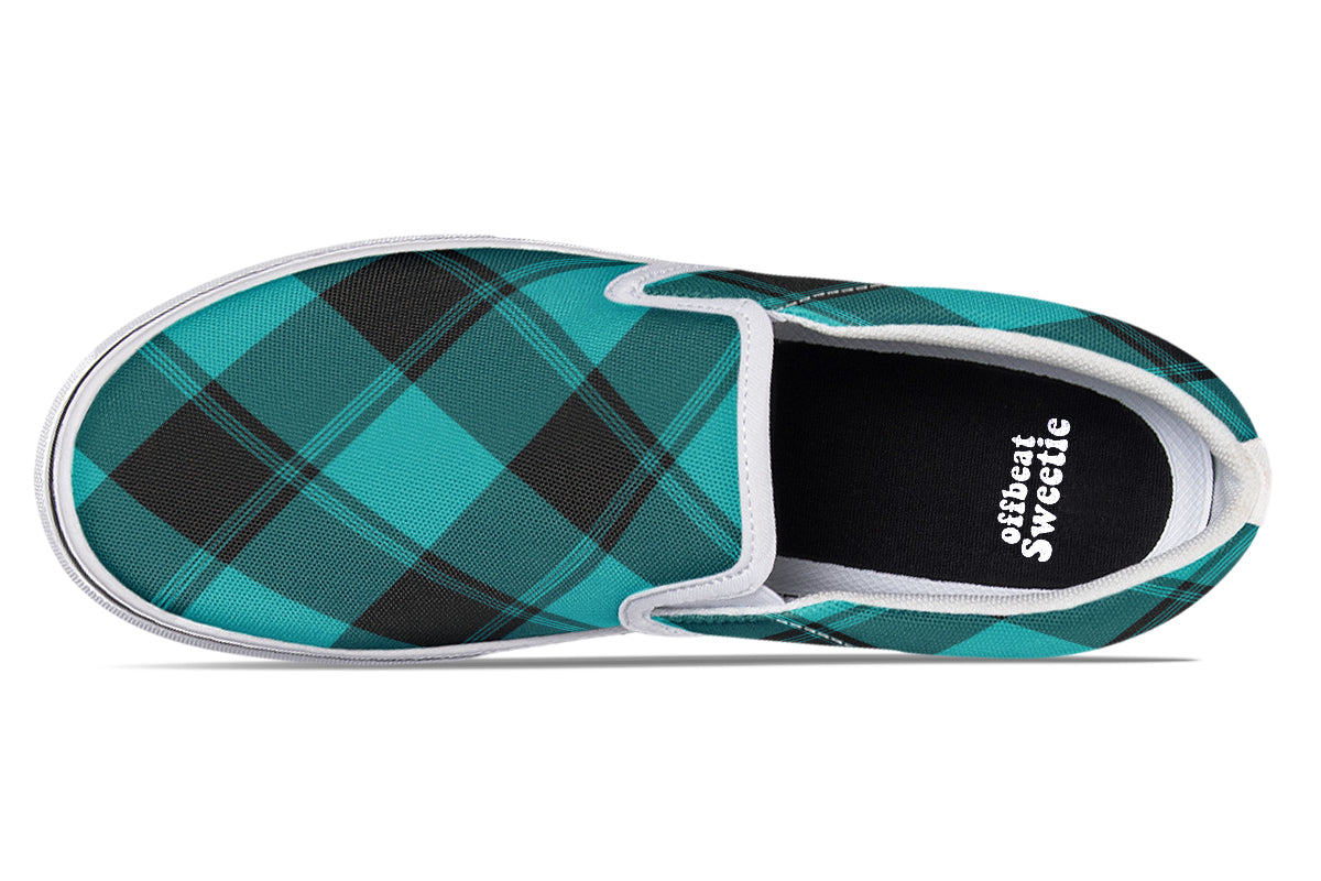 Pennyroyal Teal Plaid Slip Ons