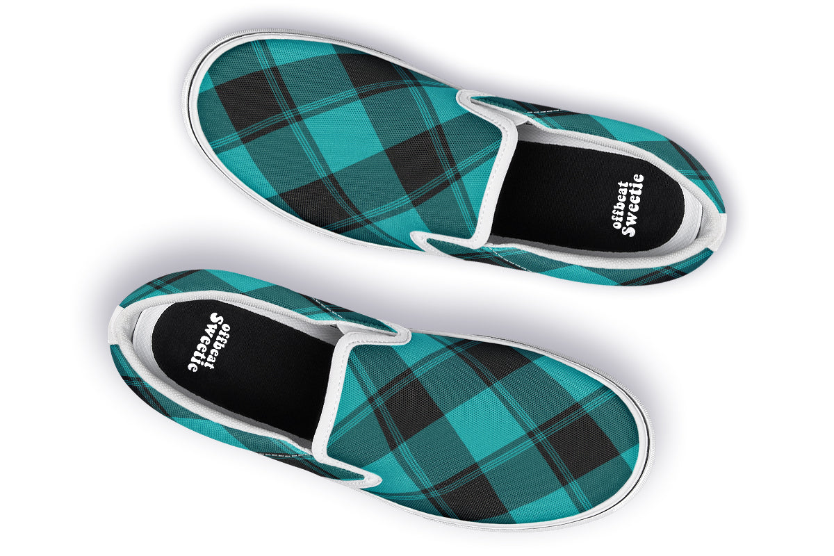 Pennyroyal Teal Plaid Slip Ons