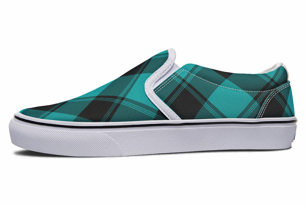 Pennyroyal Teal Plaid Slip Ons