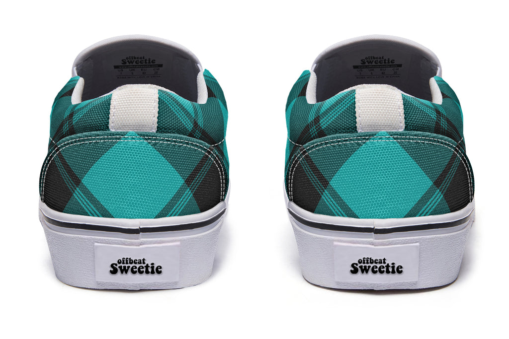Pennyroyal Teal Plaid Slip Ons