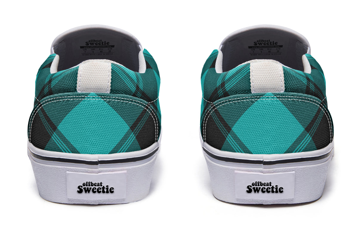 Pennyroyal Teal Plaid Slip Ons