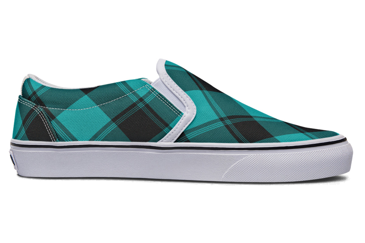 Pennyroyal Teal Plaid Slip Ons