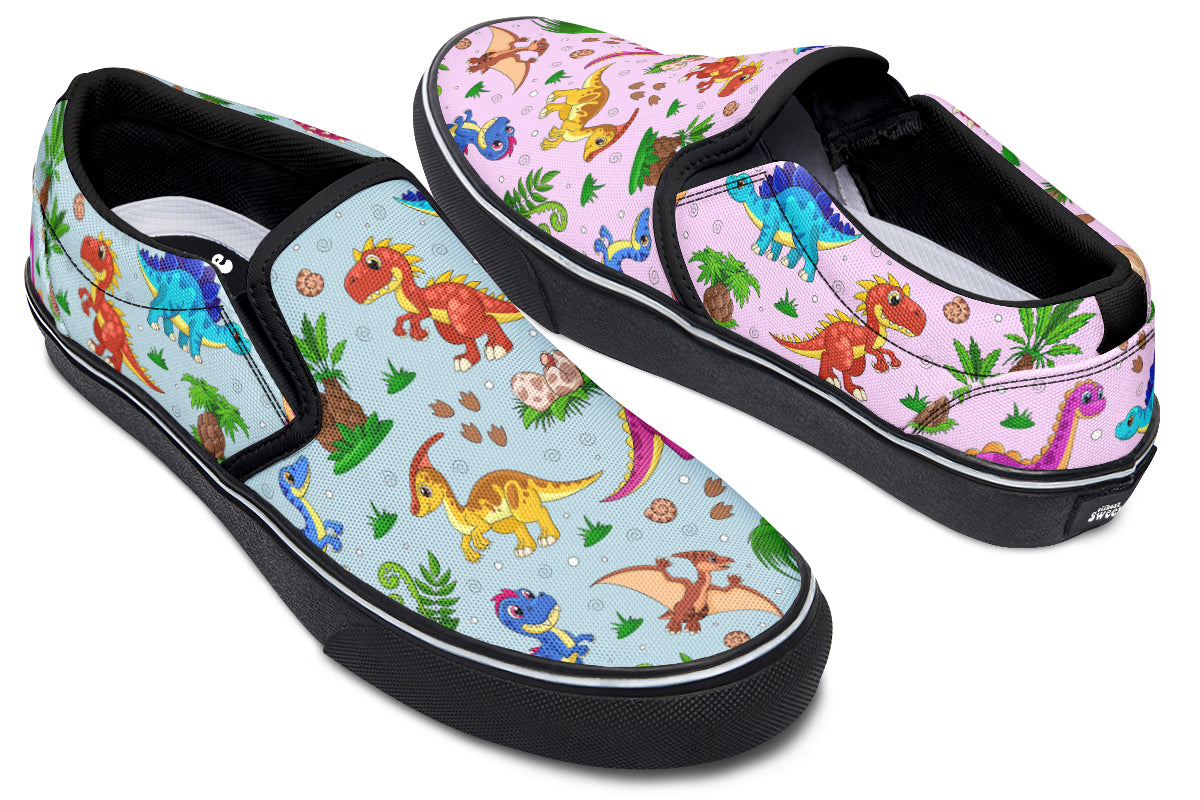 Pink And Blue Mismatched Baby Dinos Slip Ons - Offbeat Sweetie