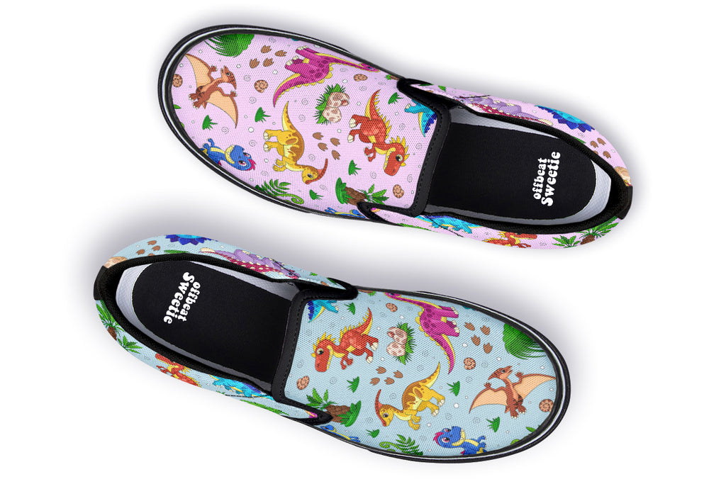 Pink And Blue Mismatched Baby Dinos Slip Ons - Offbeat Sweetie