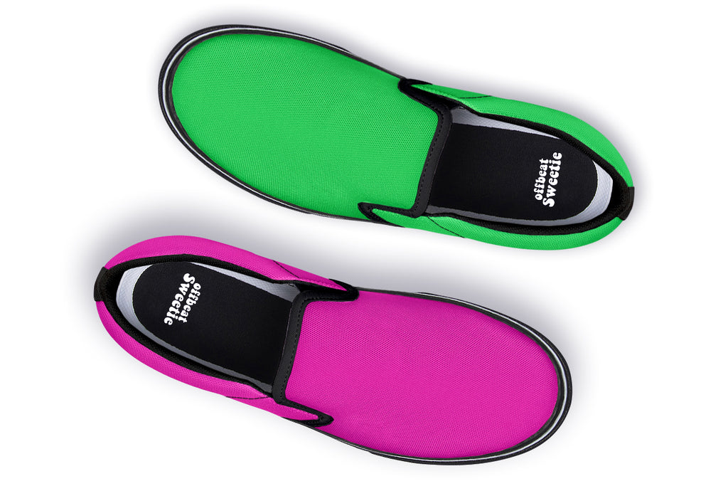 Pink And Green Mismatch Slip Ons
