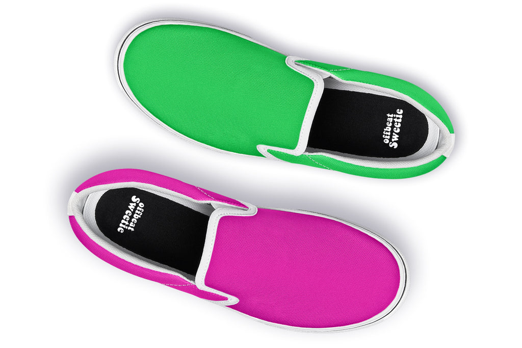 Pink And Green Mismatch Slip Ons
