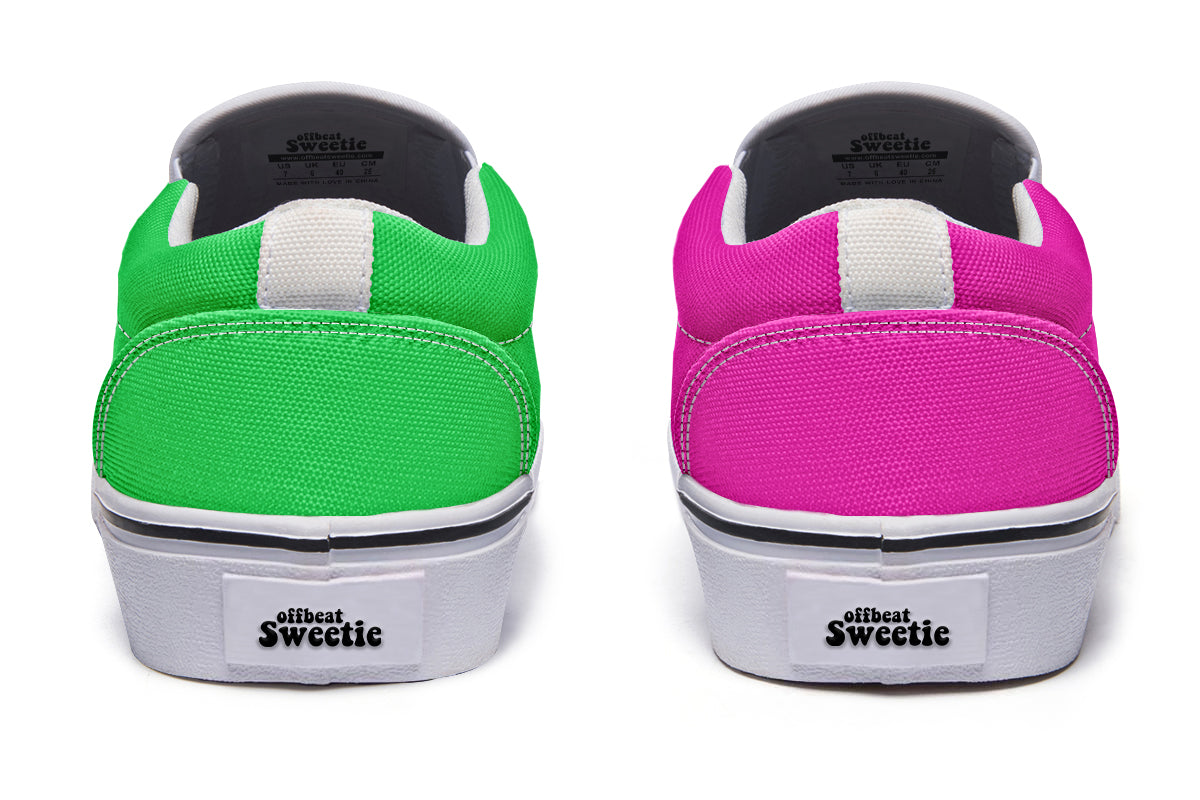 Pink And Green Mismatch Slip Ons