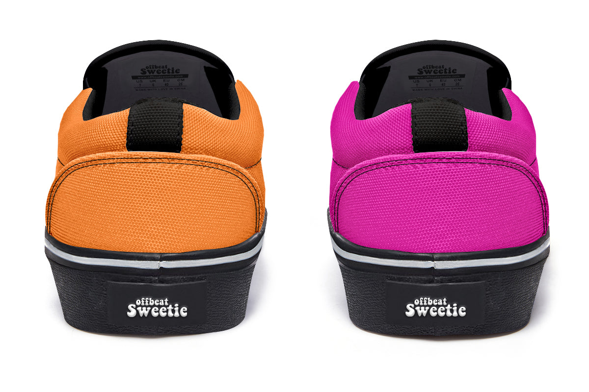 Pink And Orange Mismatch Slip Ons - Offbeat Sweetie