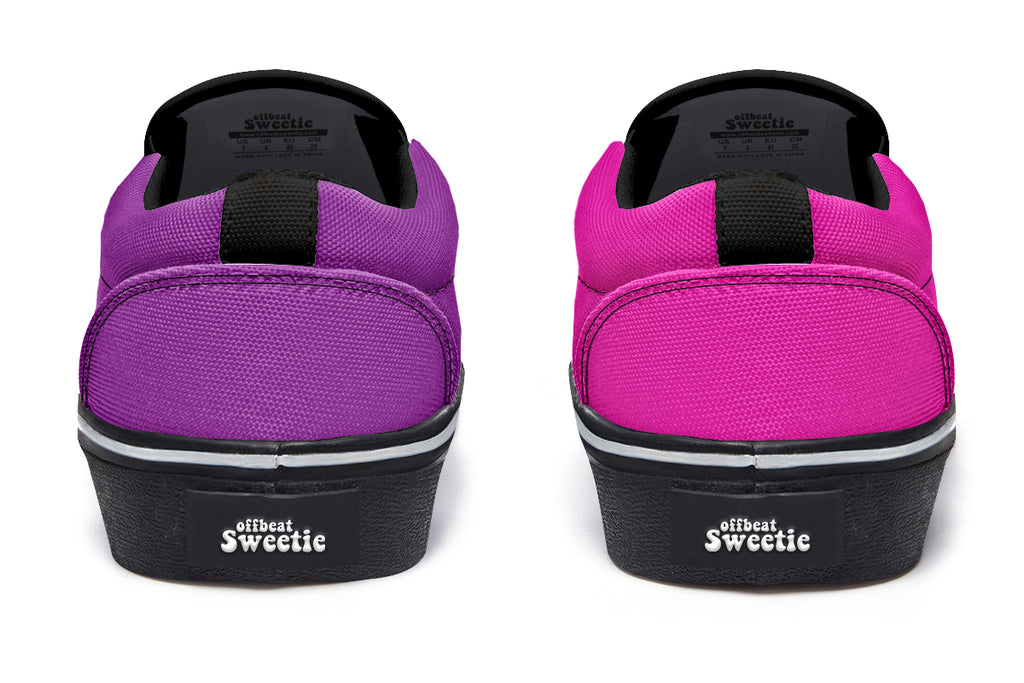 Purple And Pink Mismatch Slip Ons - Offbeat Sweetie