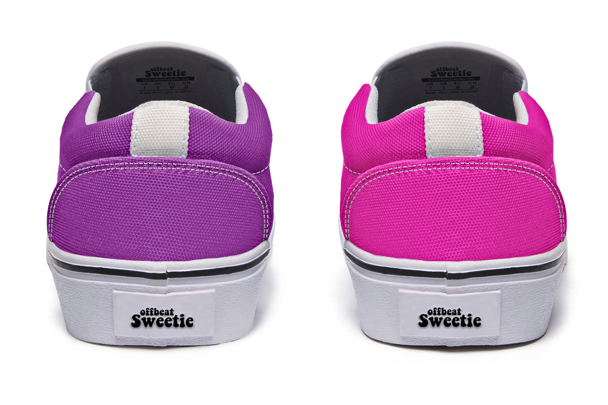 Purple And Pink Mismatch Slip Ons - Offbeat Sweetie
