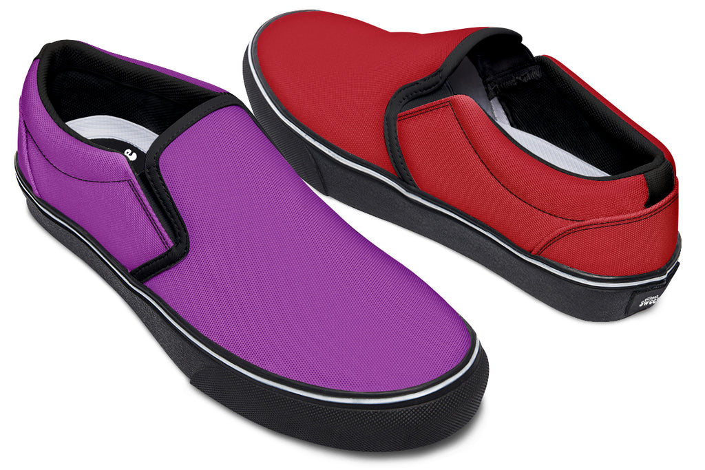 Purple And Red Mismatch Slip Ons - Offbeat Sweetie