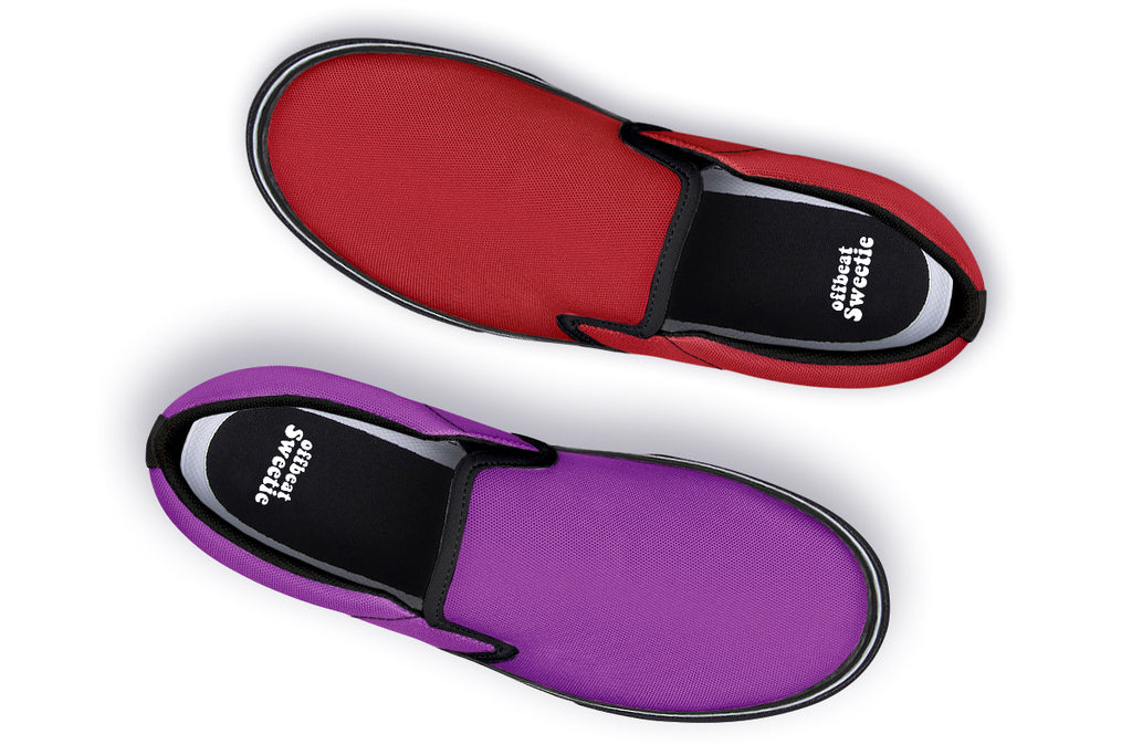 Purple And Red Mismatch Slip Ons - Offbeat Sweetie