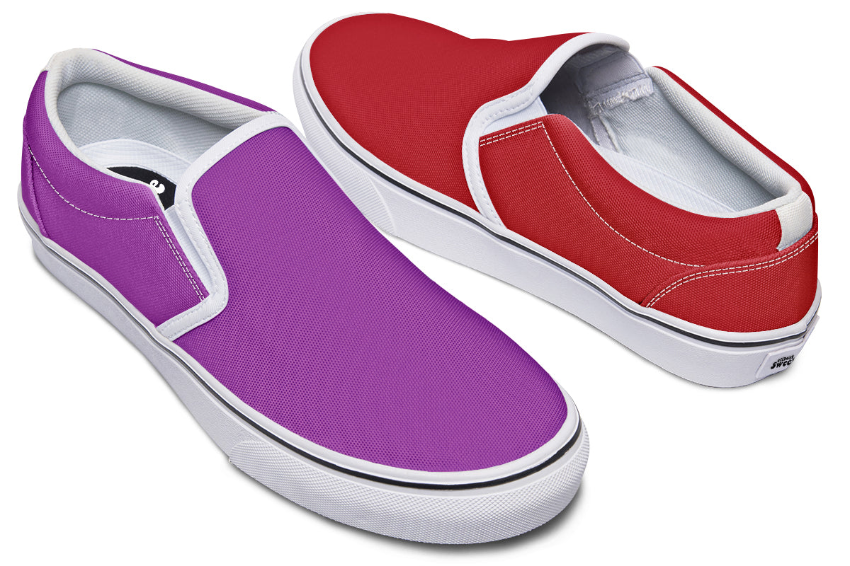 Purple And Red Mismatch Slip Ons - Offbeat Sweetie