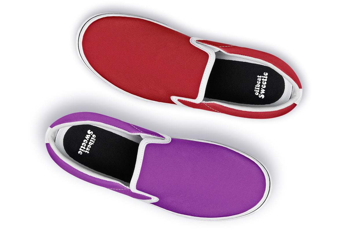 Purple And Red Mismatch Slip Ons - Offbeat Sweetie