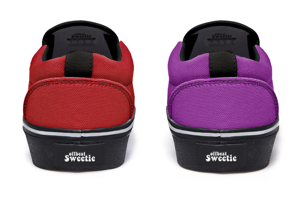 Purple And Red Mismatch Slip Ons - Offbeat Sweetie