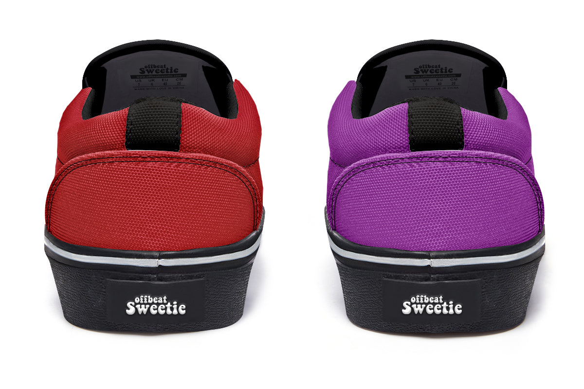 Purple And Red Mismatch Slip Ons - Offbeat Sweetie