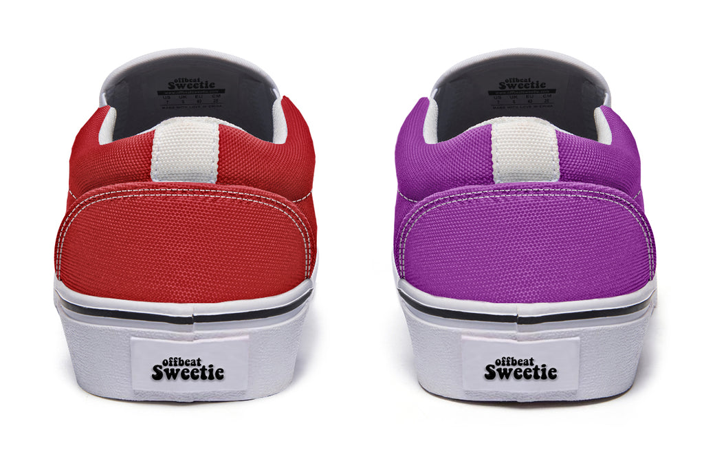 Purple And Red Mismatch Slip Ons - Offbeat Sweetie