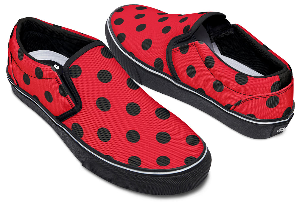 Red And Black Polka Dot Slip Ons