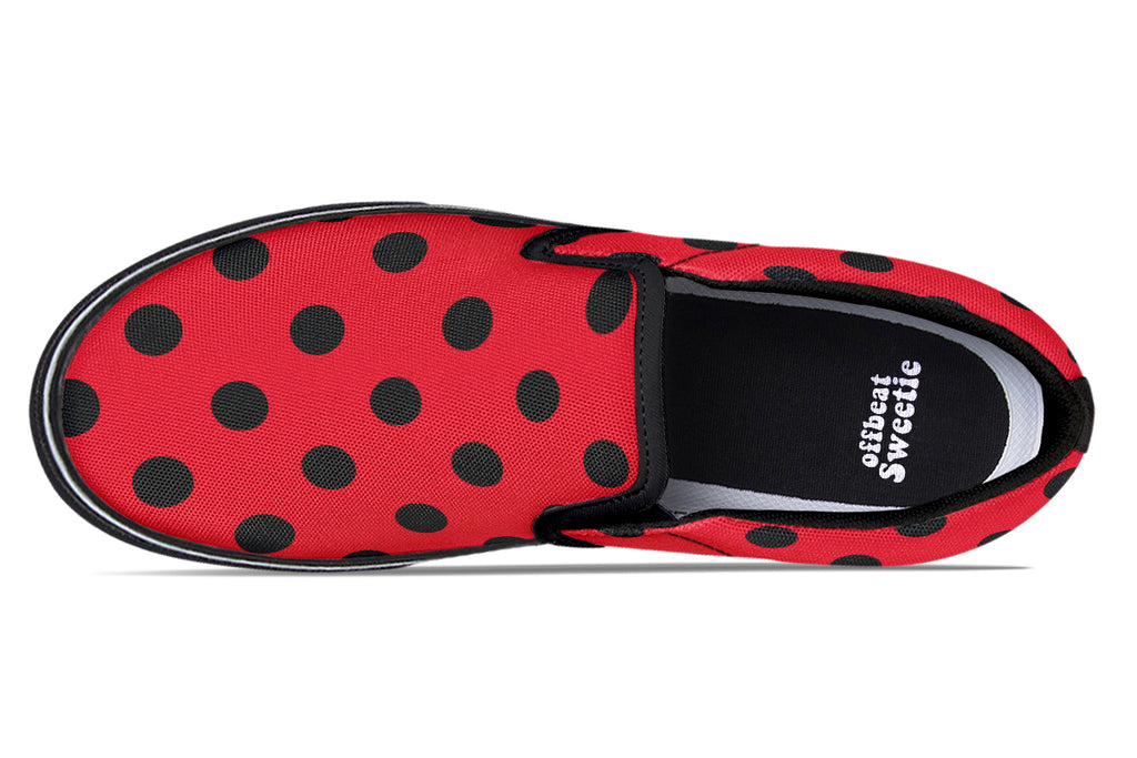 Red And Black Polka Dot Slip Ons