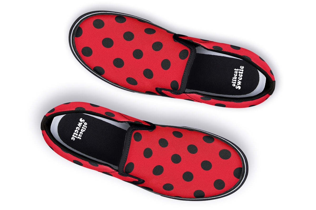 Red And Black Polka Dot Slip Ons