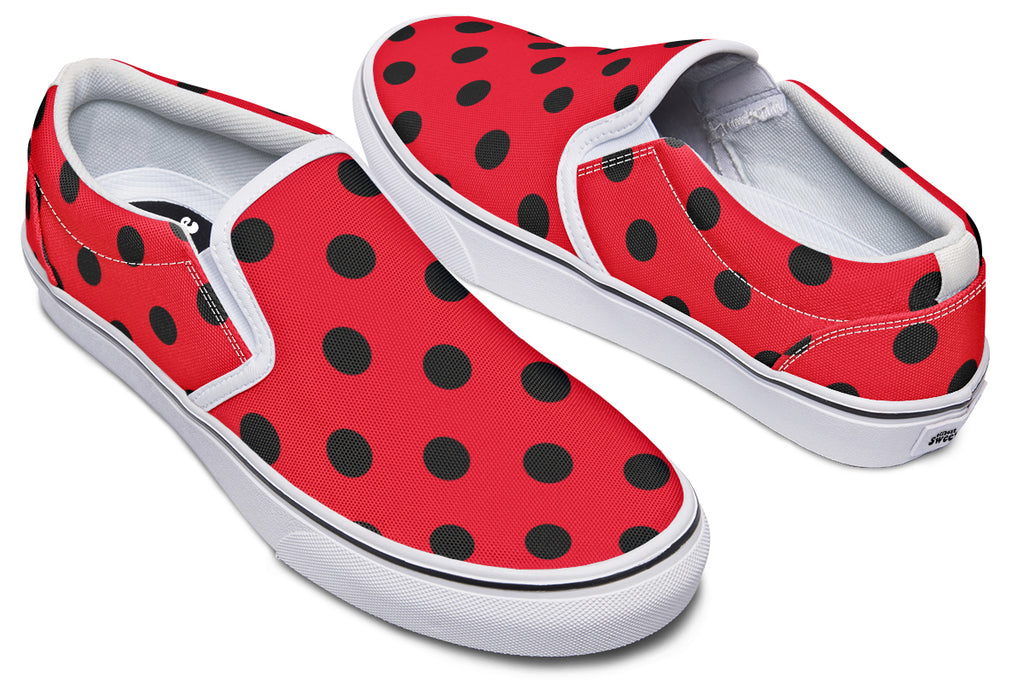 Red And Black Polka Dot Slip Ons