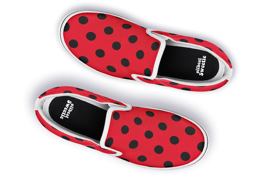 Red And Black Polka Dot Slip Ons