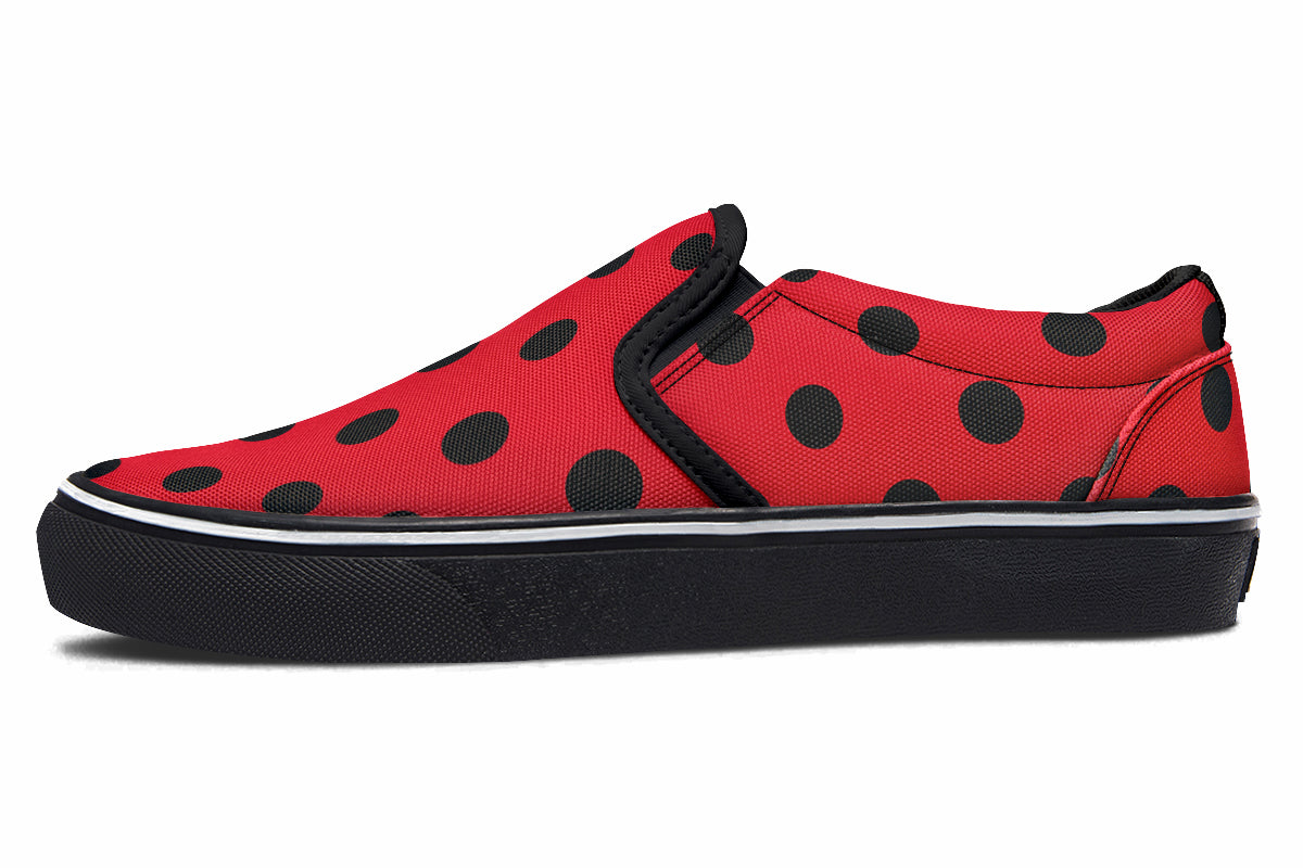 Red And Black Polka Dot Slip Ons