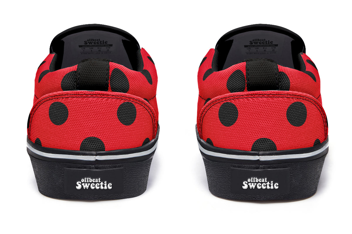 Red And Black Polka Dot Slip Ons