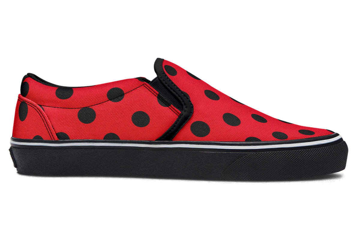 Red And Black Polka Dot Slip Ons