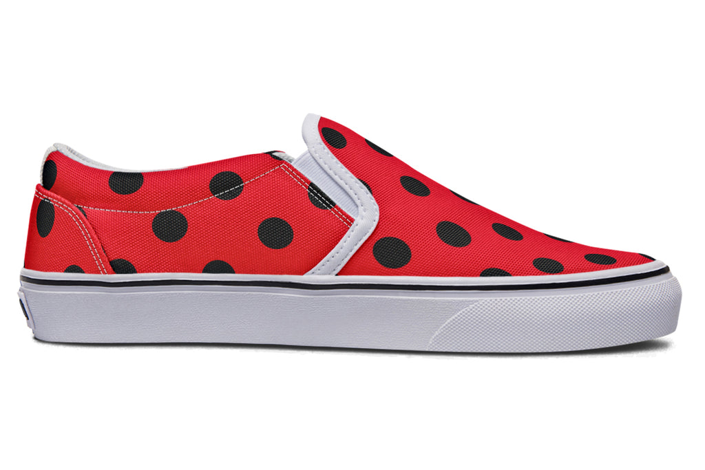 Red And Black Polka Dot Slip Ons