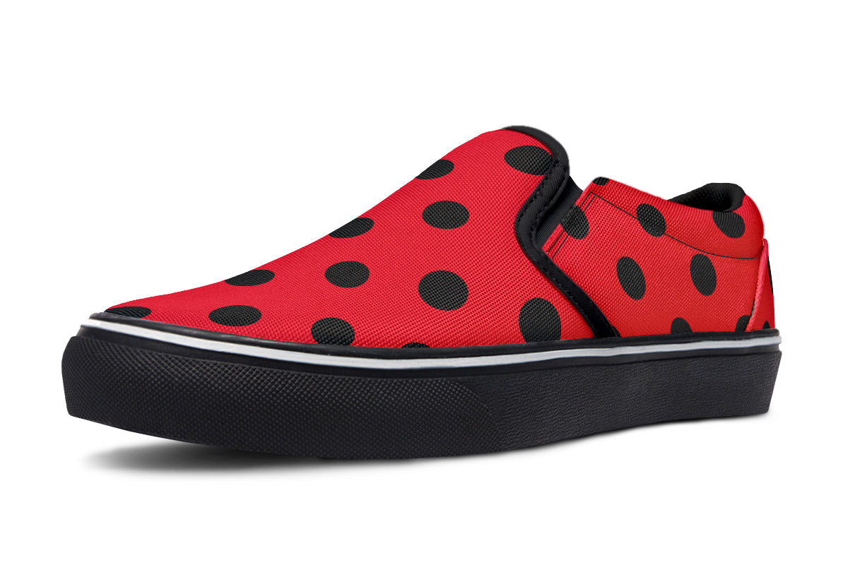 Red And Black Polka Dot Slip Ons