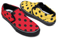 Red And Yellow Mismatched Black Polka Dot Slip Ons