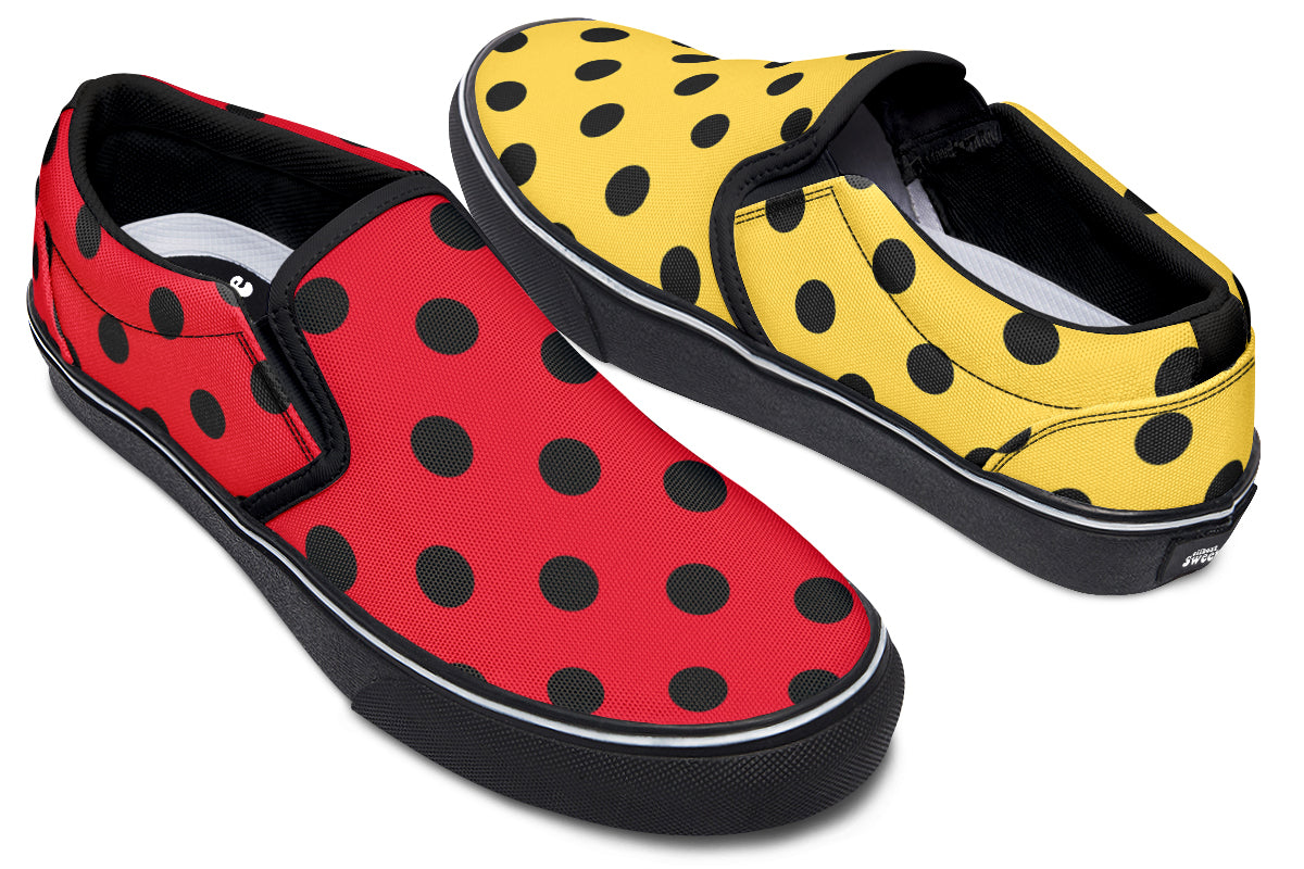 Red And Yellow Mismatched Black Polka Dot Slip Ons