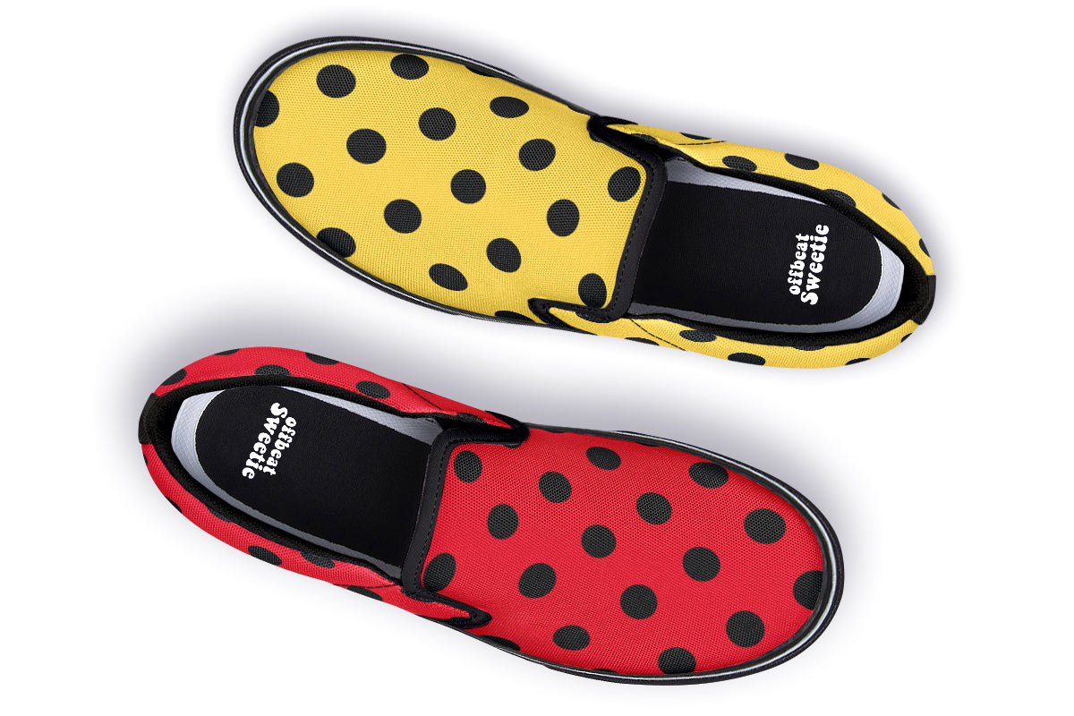 Red And Yellow Mismatched Black Polka Dot Slip Ons
