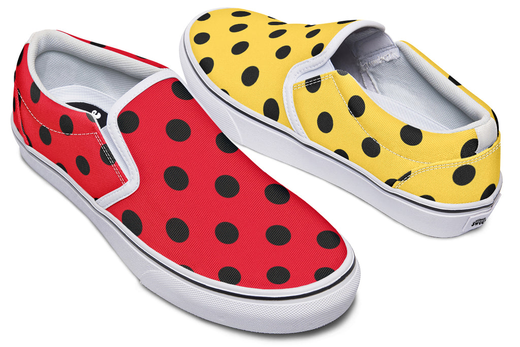 Red And Yellow Mismatched Black Polka Dot Slip Ons