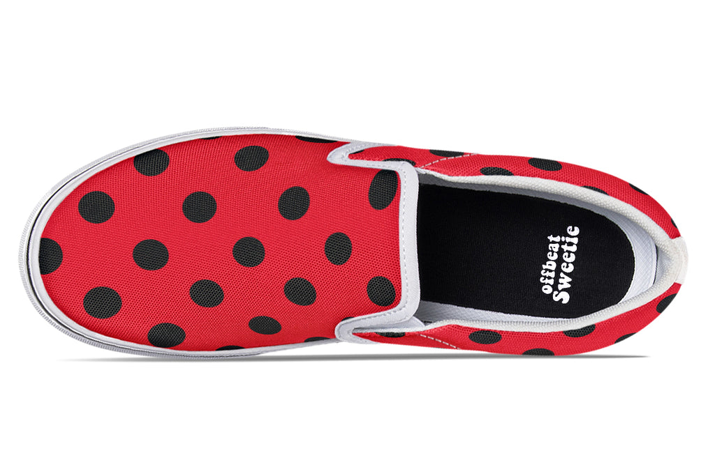 Red And Yellow Mismatched Black Polka Dot Slip Ons