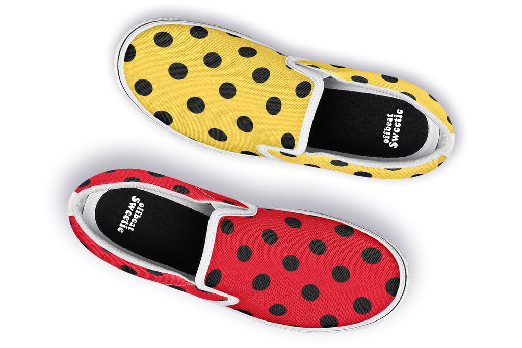 Red And Yellow Mismatched Black Polka Dot Slip Ons