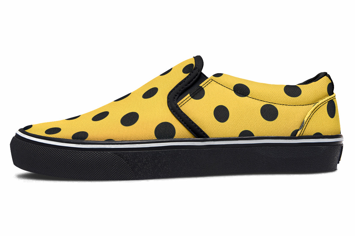 Red And Yellow Mismatched Black Polka Dot Slip Ons