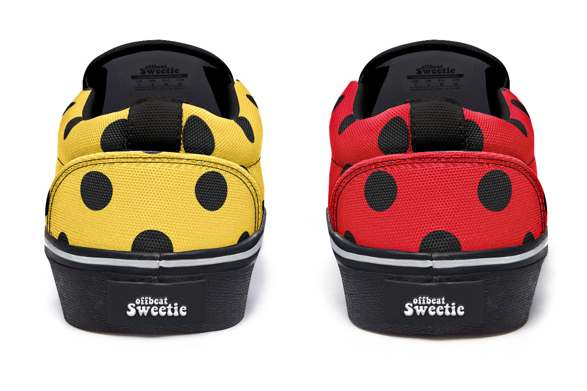 Red And Yellow Mismatched Black Polka Dot Slip Ons