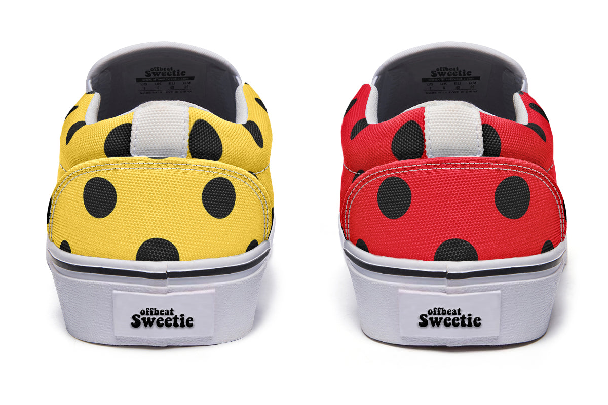 Red And Yellow Mismatched Black Polka Dot Slip Ons
