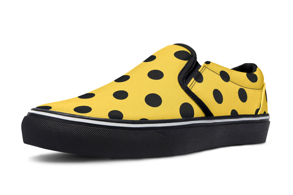 Red And Yellow Mismatched Black Polka Dot Slip Ons