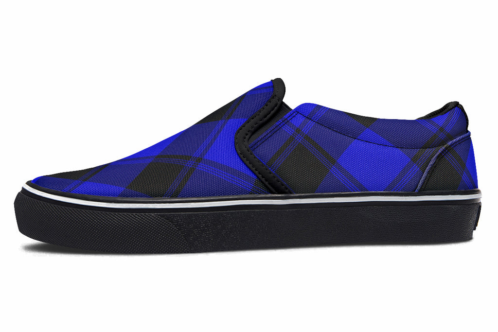 Vivid Blue Plaid Slip Ons