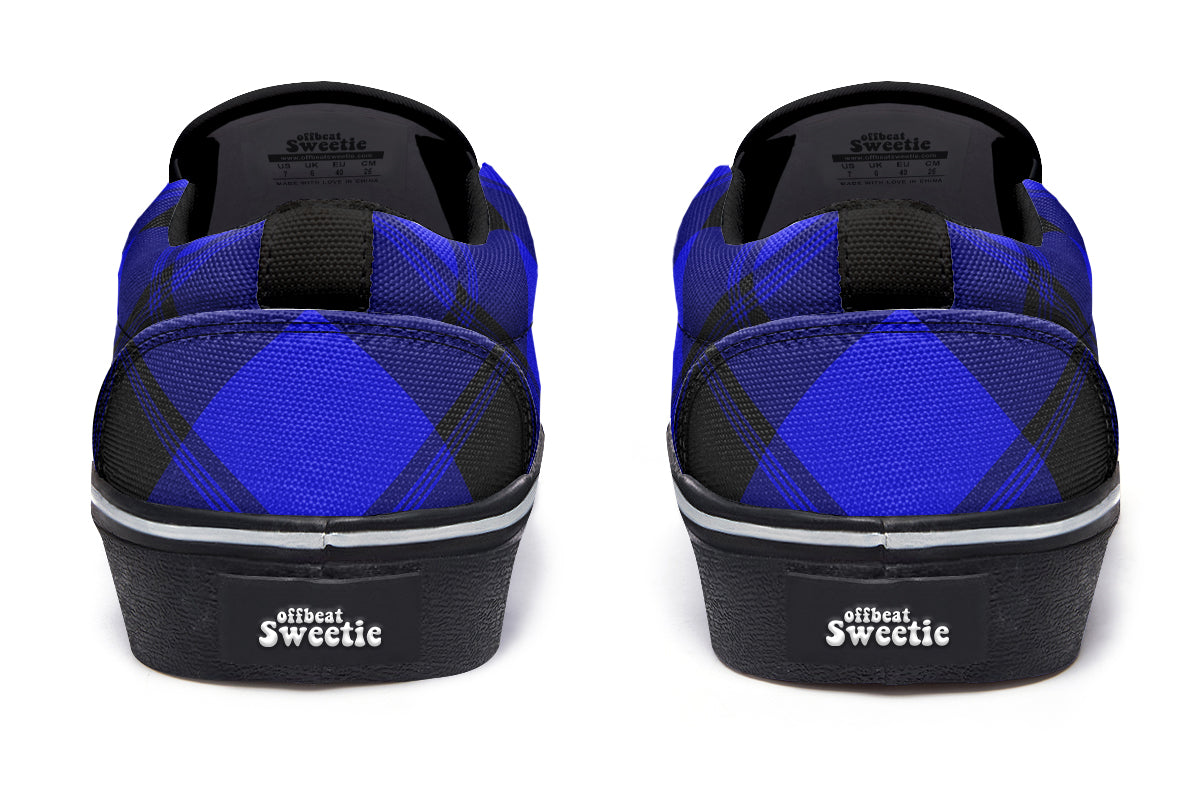Vivid Blue Plaid Slip Ons