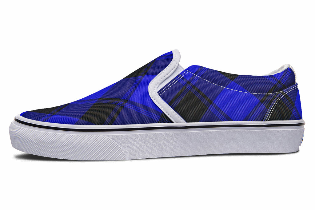 Vivid Blue Plaid Slip Ons