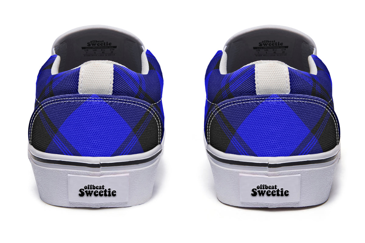 Vivid Blue Plaid Slip Ons