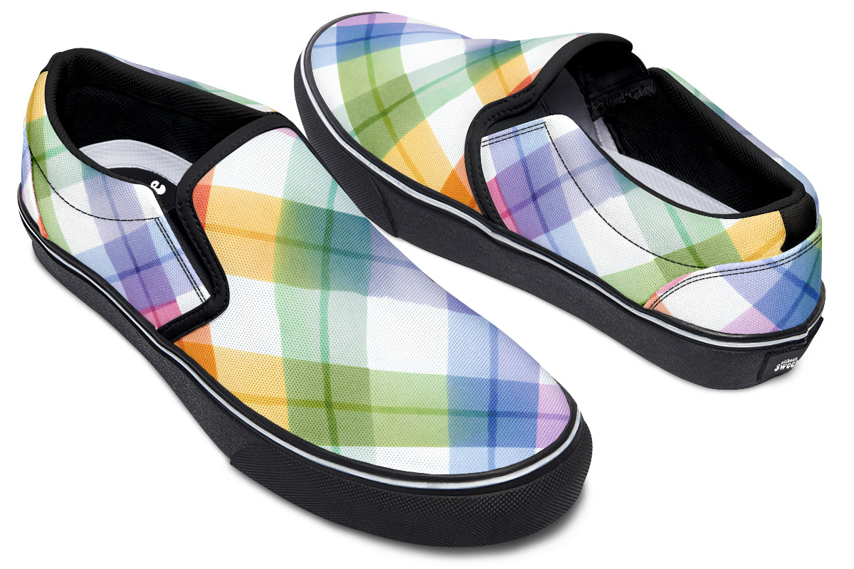 Watercolour Rainbow Plaid Slip Ons